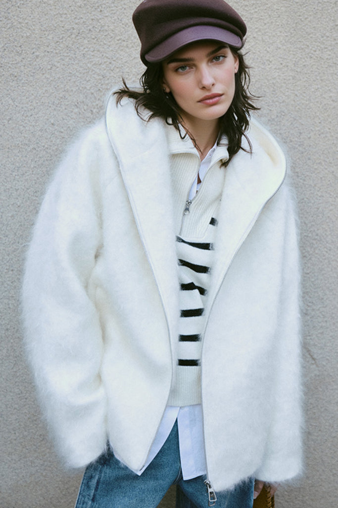 Chunky Brushed Cashmere Double-Zip Hooded Jacket  Fibflx