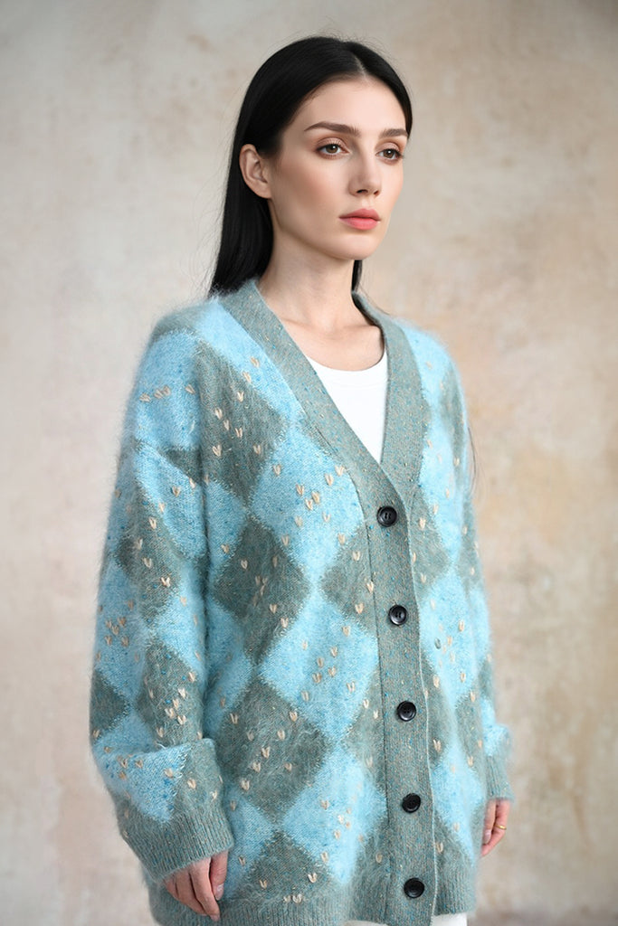 Chunky Brushed Cashmere Hand-Embroidered Argyle Cardigan  Fibflx