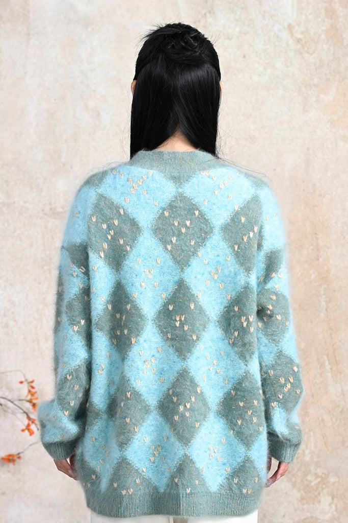 Chunky Brushed Cashmere Hand-Embroidered Argyle Cardigan  Fibflx