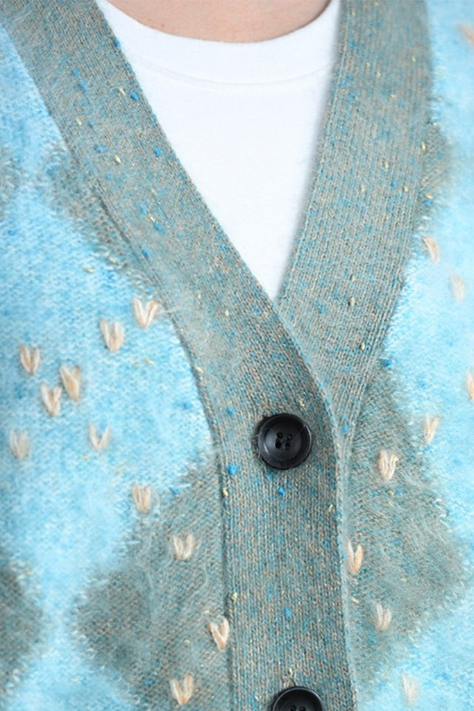 Chunky Brushed Cashmere Hand-Embroidered Argyle Cardigan  Fibflx