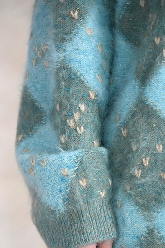 Chunky Brushed Cashmere Hand-Embroidered Argyle Cardigan  Fibflx