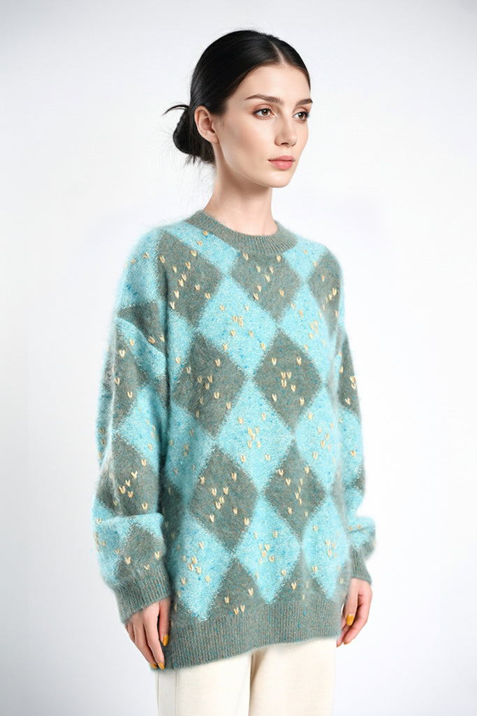 Chunky Brushed Cashmere Hand-Embroidered Argyle Sweater  Fibflx