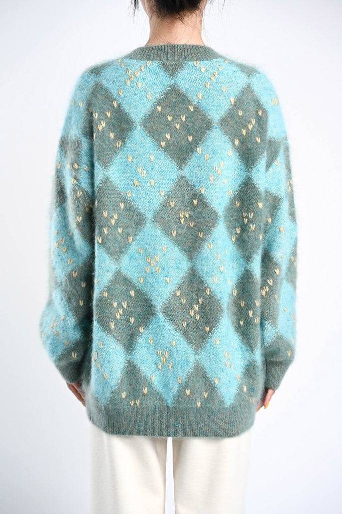 Chunky Brushed Cashmere Hand-Embroidered Argyle Sweater  Fibflx