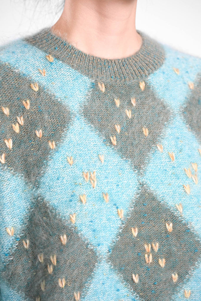 Chunky Brushed Cashmere Hand-Embroidered Argyle Sweater  Fibflx