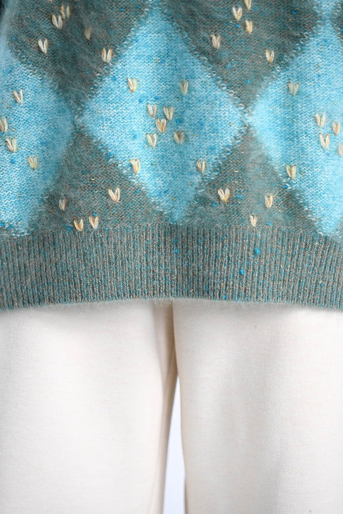 Chunky Brushed Cashmere Hand-Embroidered Argyle Sweater  Fibflx
