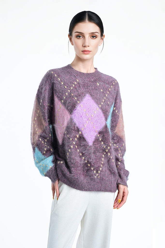Chunky Brushed Cashmere Hand-Embroidered Argyle Sweater  Fibflx