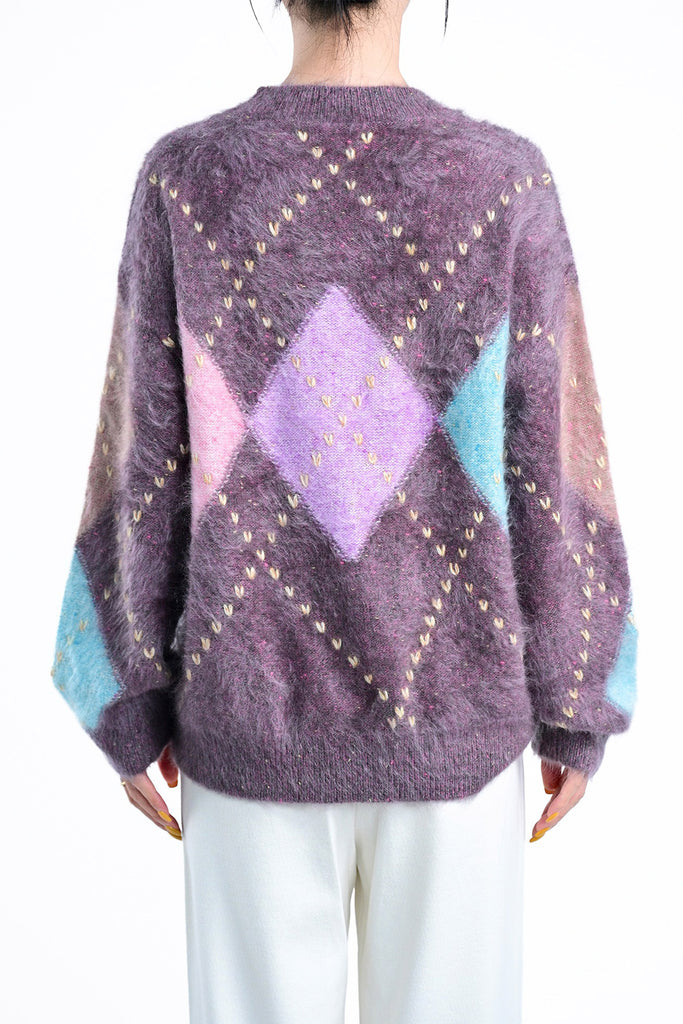 Chunky Brushed Cashmere Hand-Embroidered Argyle Sweater  Fibflx