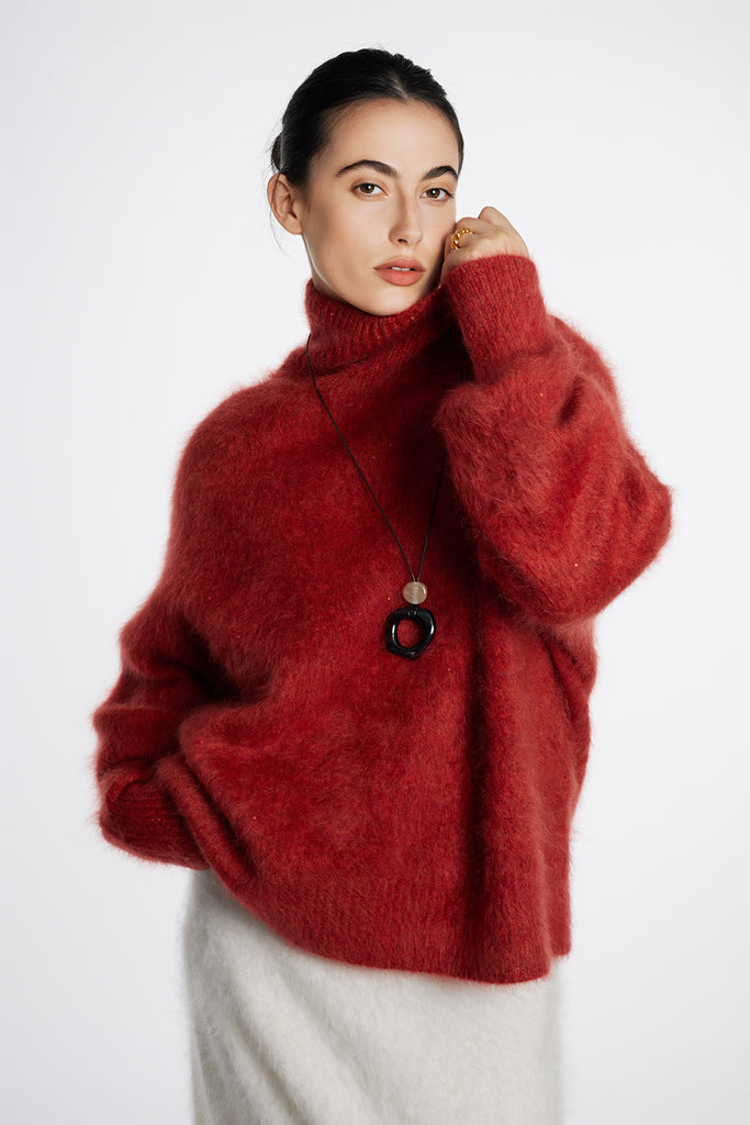 Chunky Brushed Cashmere Sequined Marled Turtleneck Sweater  Fibflx