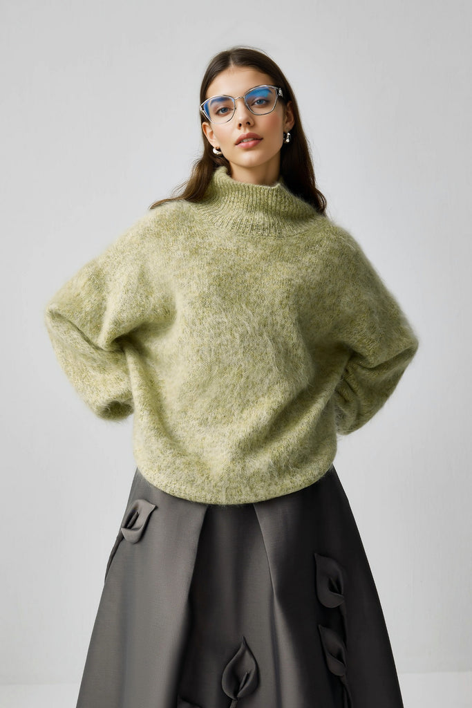 Chunky Brushed Cashmere Sequined Marled Turtleneck Sweater Lime Sherbet Green / L (US 14-18) / 100% Cashmere  Fibflx