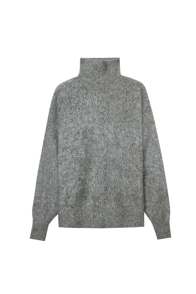 Chunky Brushed Cashmere Sequined Marled Turtleneck Sweater  Fibflx