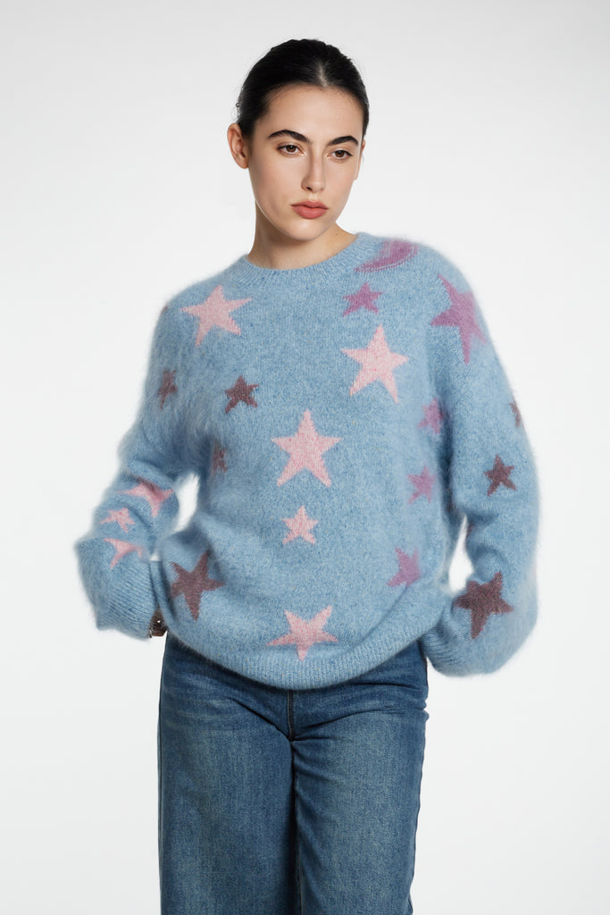 Chunky Brushed Cashmere Shimmer Star Crewneck Sweater  Fibflx