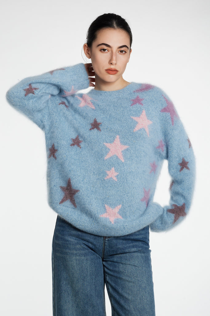 Chunky Brushed Cashmere Shimmer Star Crewneck Sweater  Fibflx