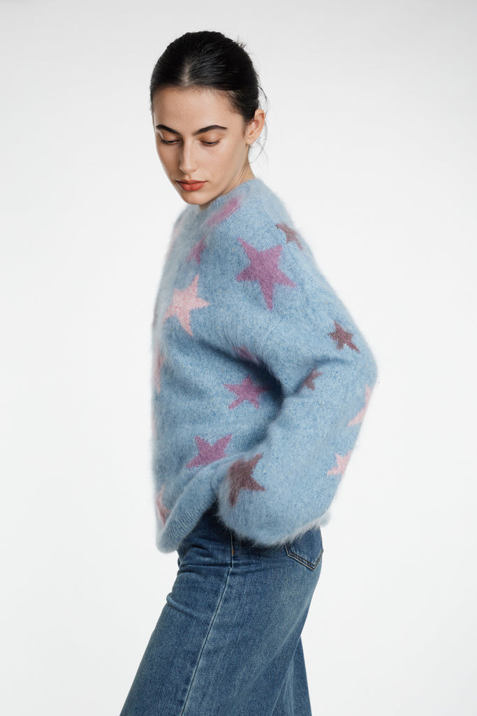 Chunky Brushed Cashmere Shimmer Star Crewneck Sweater  Fibflx