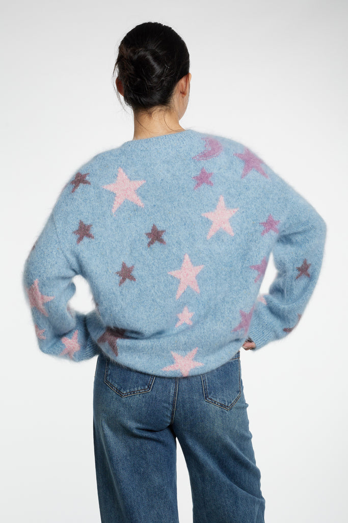 Chunky Brushed Cashmere Shimmer Star Crewneck Sweater  Fibflx