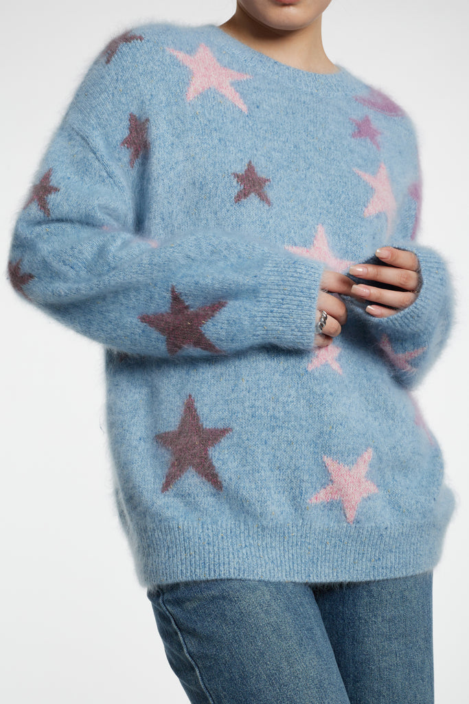 Chunky Brushed Cashmere Shimmer Star Crewneck Sweater  Fibflx