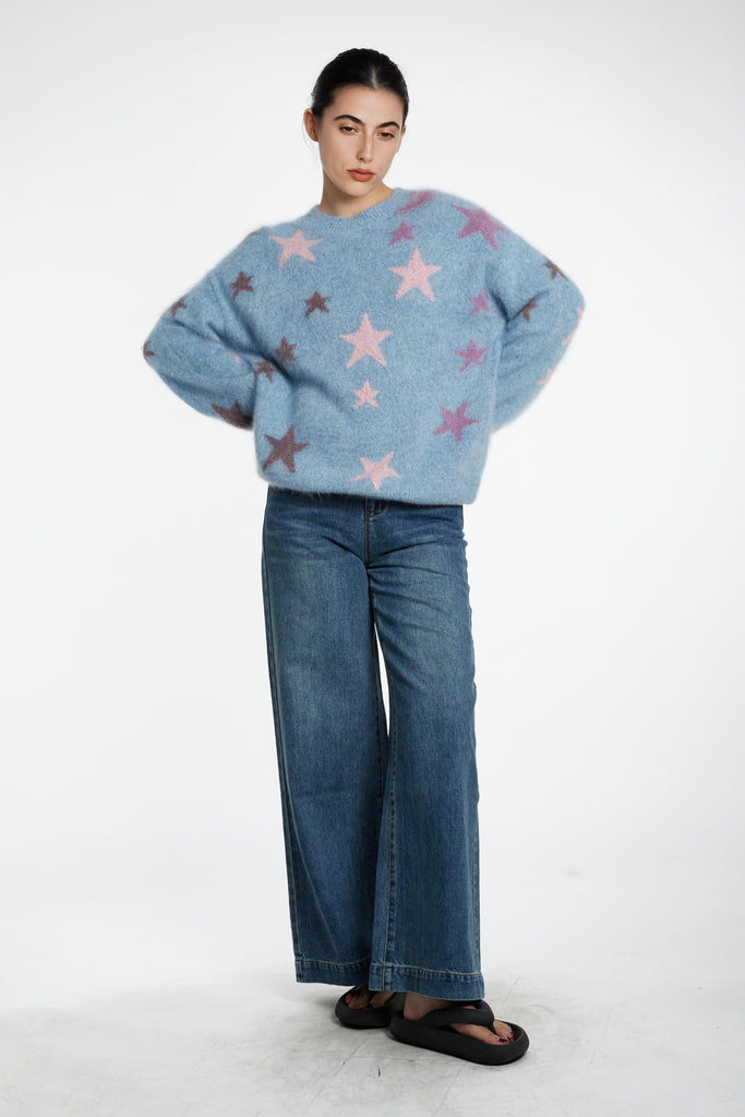 Chunky Brushed Cashmere Shimmer Star Crewneck Sweater  Fibflx