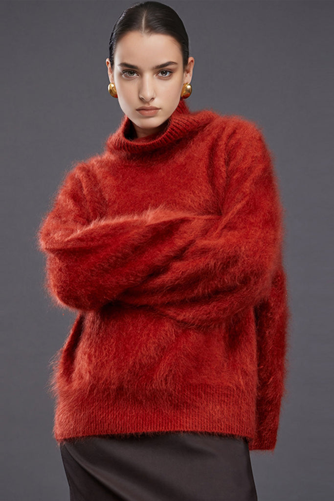 Chunky Brushed Cashmere Turtleneck Pullover Sweater  Fibflx