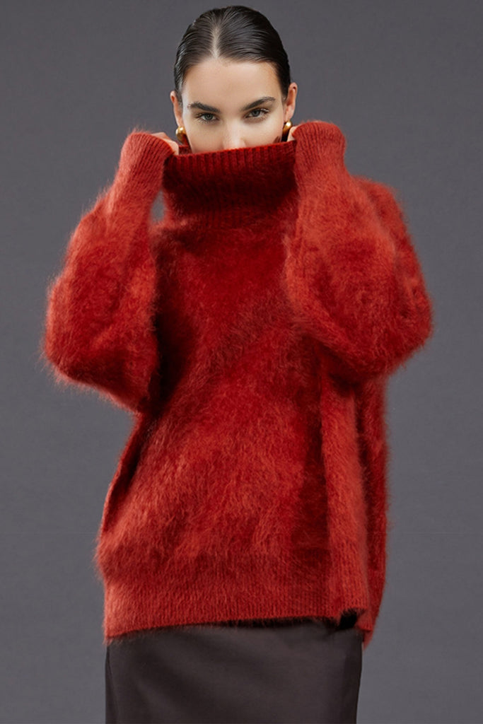 Chunky Brushed Cashmere Turtleneck Pullover Sweater  Fibflx