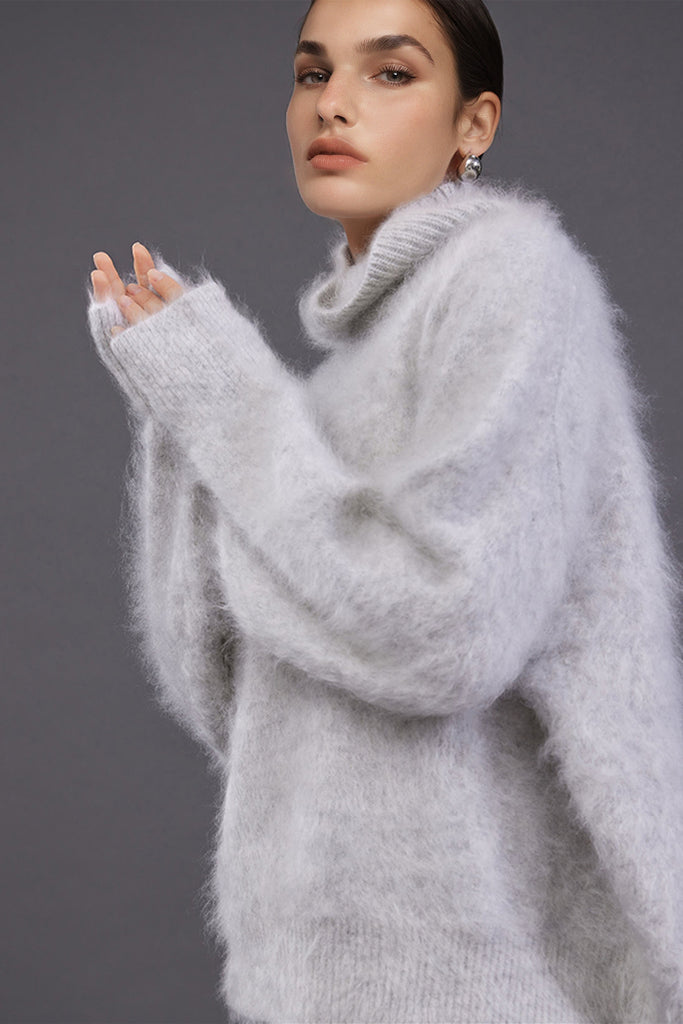 Chunky Brushed Cashmere Turtleneck Pullover Sweater  Fibflx