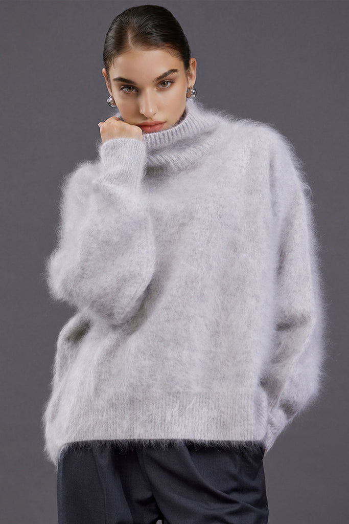 Chunky Brushed Cashmere Turtleneck Pullover Sweater  Fibflx