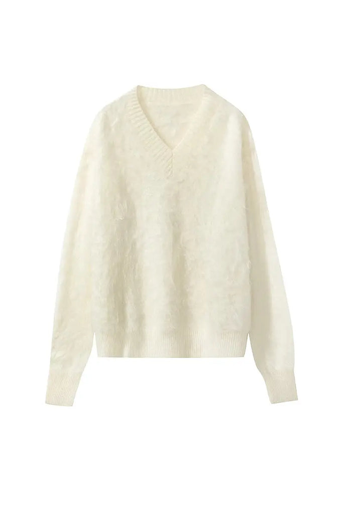 Fibflx Women's Chunky Brushed Cashmere V-Neck Pullover Sweater