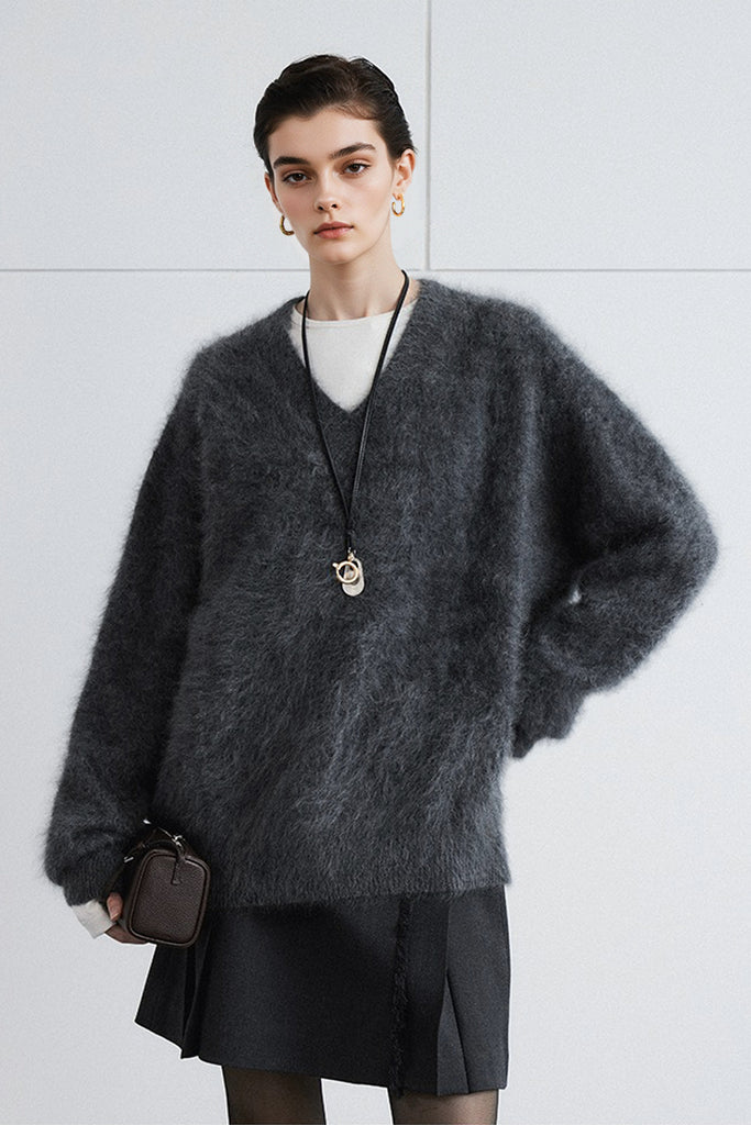 Chunky Brushed Cashmere V-Neck Pullover Sweater Still Grey / L / 100% Cashmere (Weight: 400g (±30g Fibflx