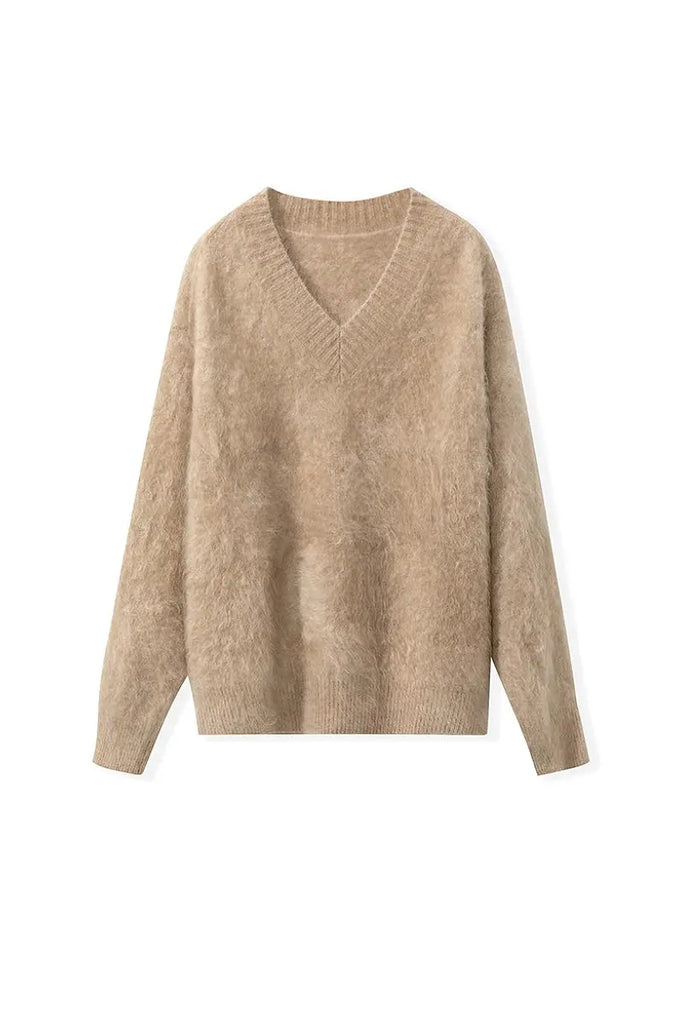 Fibflx Women's Chunky Brushed Cashmere V-Neck Pullover Sweater
