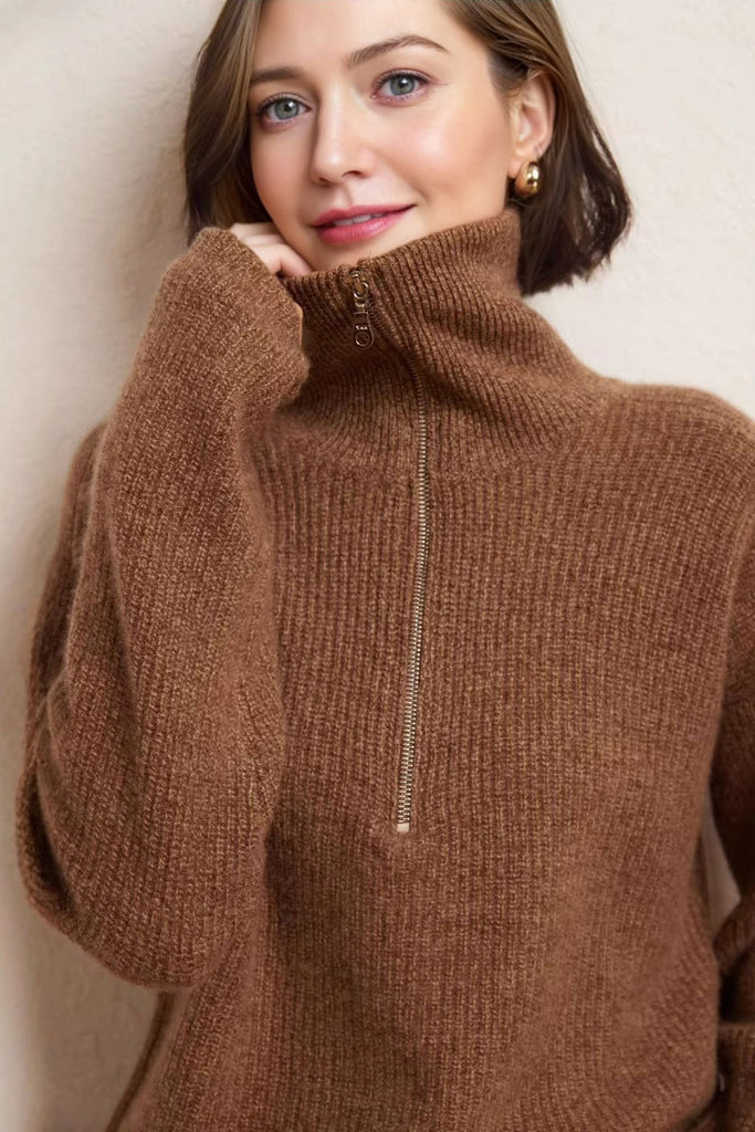 Cozy Cashmere Half Zip Turtleneck Pullover Sweater M / Camel / 100% Cashmere Fibflx