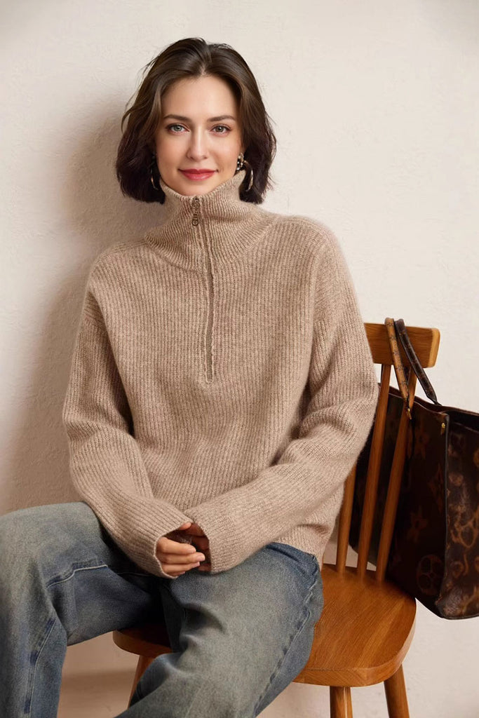 Cozy Cashmere Half Zip Turtleneck Pullover Sweater M / Linen White / 100% Cashmere Fibflx