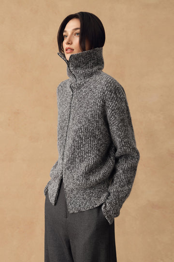 Chunky Cashmere Marled Slub Turtleneck Double-Zip Cardigan - Fibflx