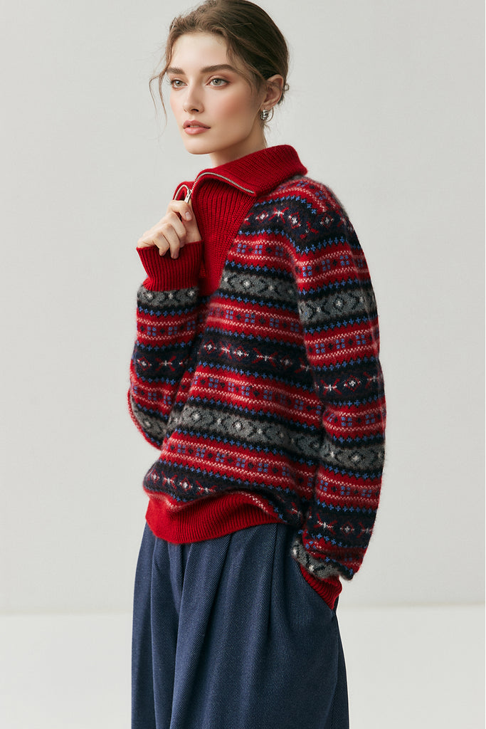 Chunky Cashmere-Merino Fair Isle Quarter-Zip Sweater  Fibflx