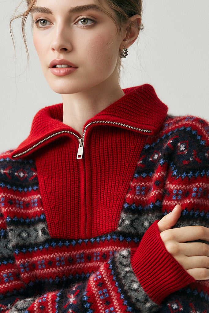 Chunky Cashmere-Merino Fair Isle Quarter-Zip Sweater  Fibflx