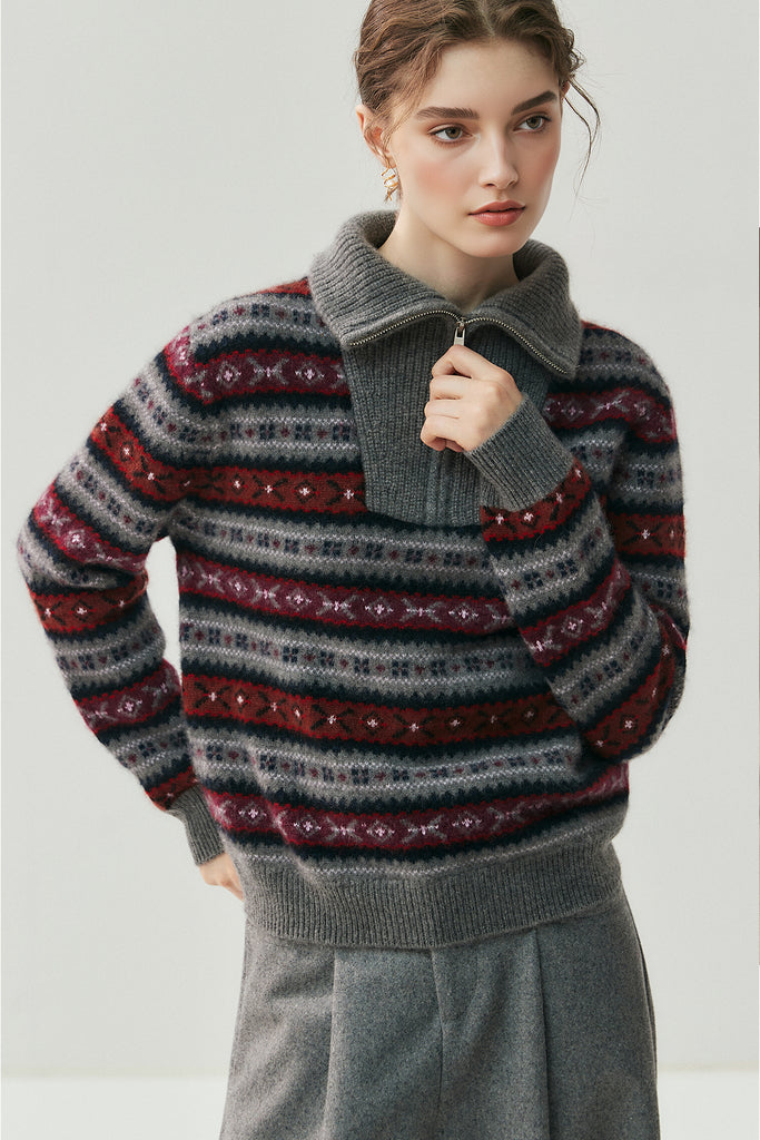 Chunky Cashmere-Merino Fair Isle Quarter-Zip Sweater  Fibflx
