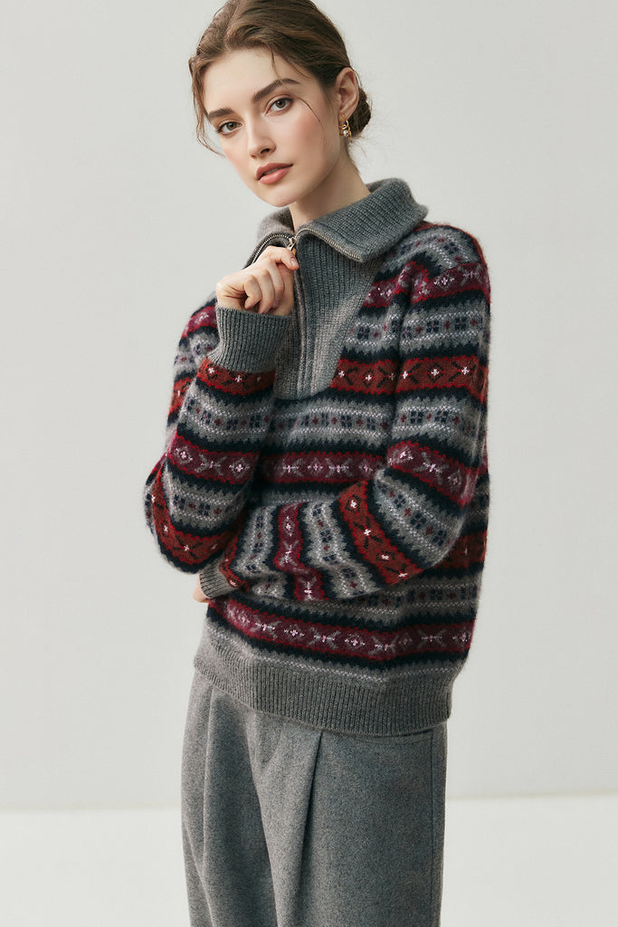 Chunky Cashmere-Merino Fair Isle Quarter-Zip Sweater  Fibflx
