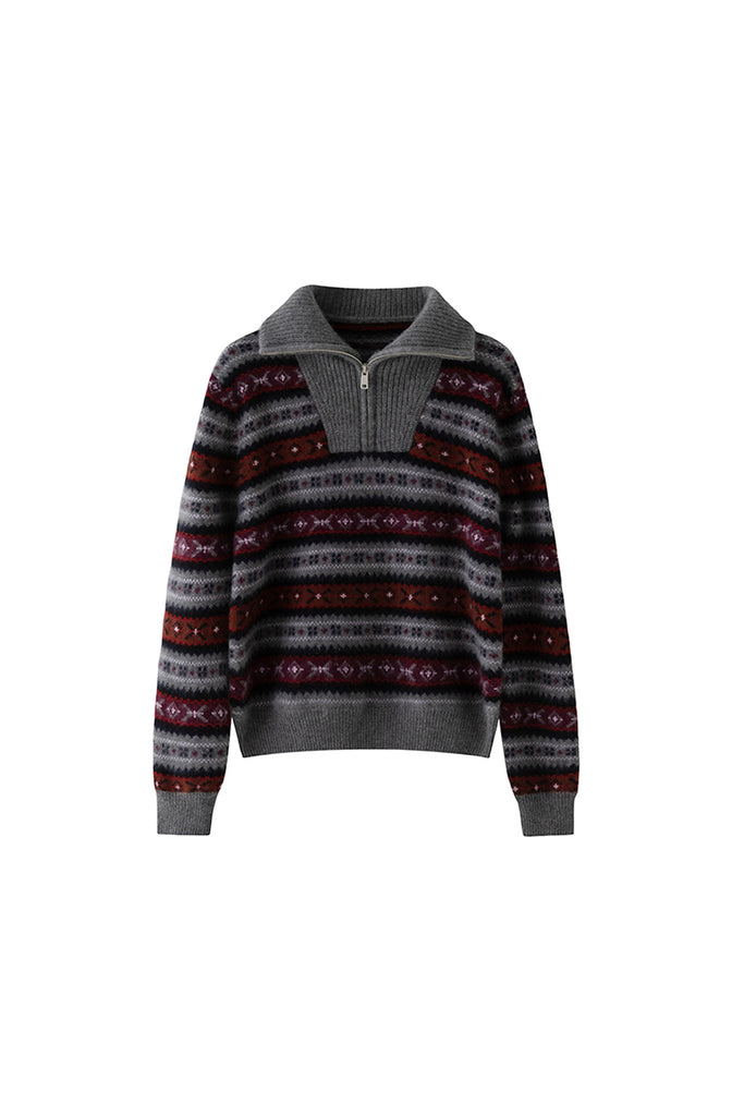 Chunky Cashmere-Merino Fair Isle Quarter-Zip Sweater  Fibflx