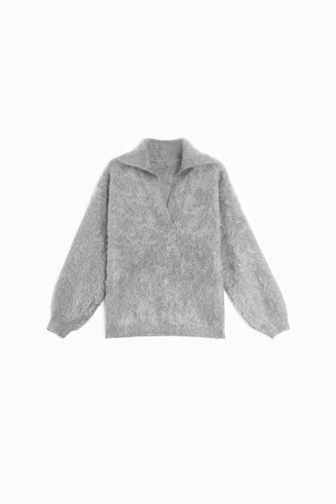 Chunky Oversized Brushed Cashmere Polo Collar Sweater Linen Grey / M / 100% Cashmere (Weight: 450g (±20g Fibflx