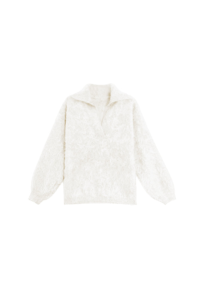 Chunky Oversized Brushed Cashmere Polo Collar Sweater Off White / M / 100% Cashmere (Weight: 450g (±20g) Fibflx