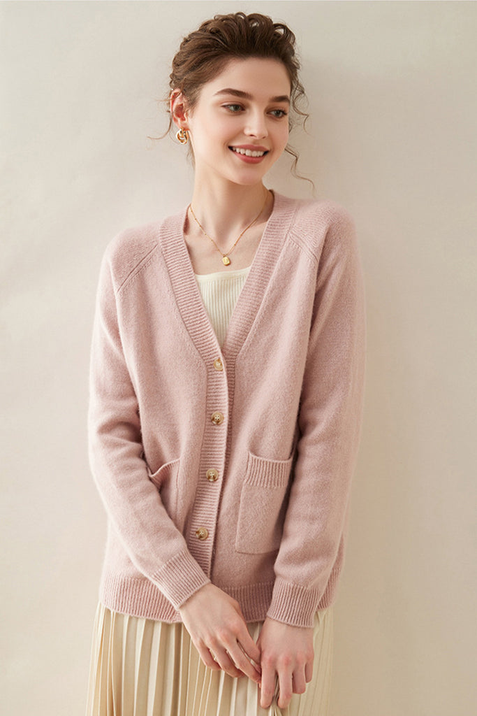 Chunky Pure Cashmere V-Neck Cardigan  Fibflx