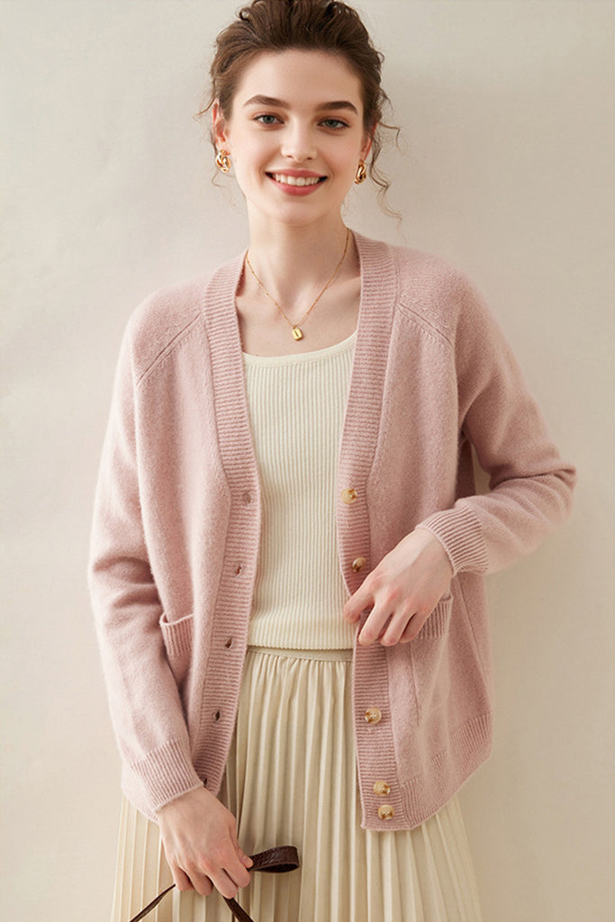 Chunky Pure Cashmere V-Neck Cardigan  Fibflx