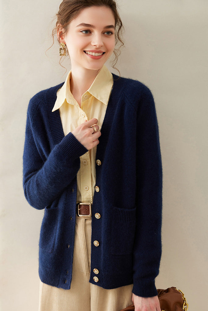 Chunky Pure Cashmere V-Neck Cardigan  Fibflx