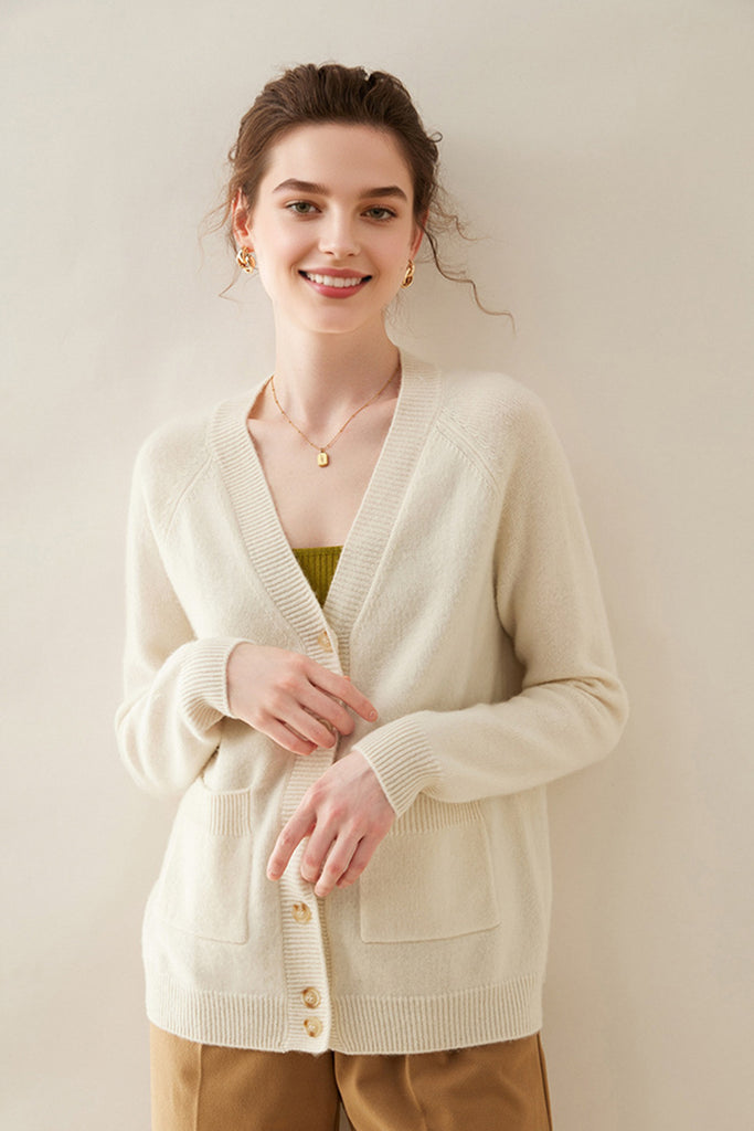 Chunky Pure Cashmere V-Neck Cardigan  Fibflx