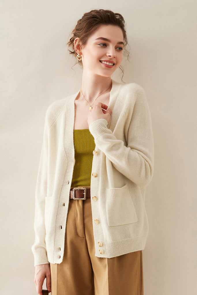 Chunky Pure Cashmere V-Neck Cardigan  Fibflx