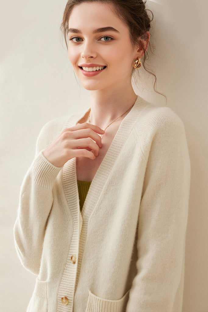 Chunky Pure Cashmere V-Neck Cardigan  Fibflx