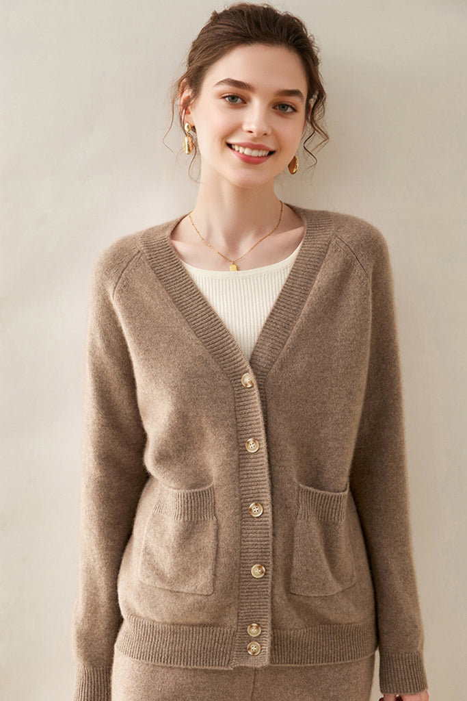 Chunky Pure Cashmere V-Neck Cardigan  Fibflx