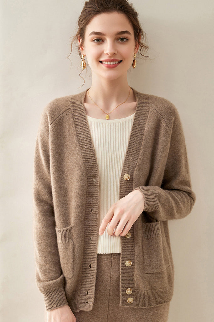 Chunky Pure Cashmere V-Neck Cardigan  Fibflx