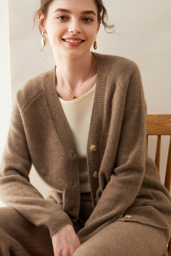 Chunky Pure Cashmere V-Neck Cardigan  Fibflx