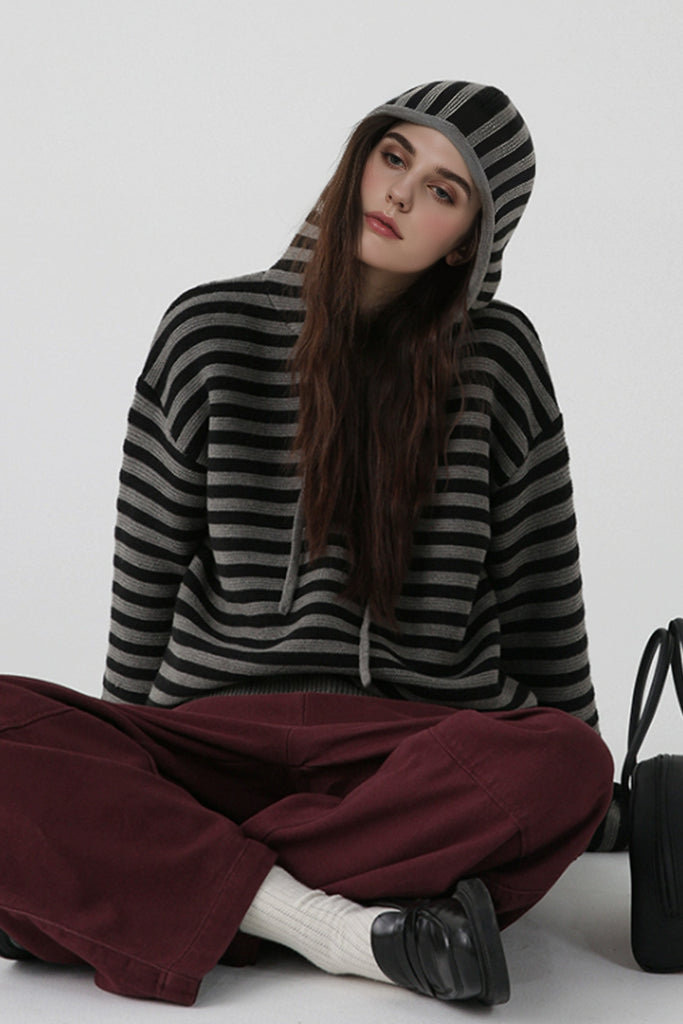 Chunky Striped Wool Sweater Hoodie  Fibflx