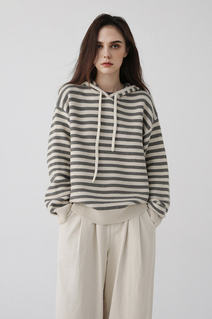 Chunky Striped Wool Sweater Hoodie Off White N Elegant Coal Grey Stripes / L Fibflx