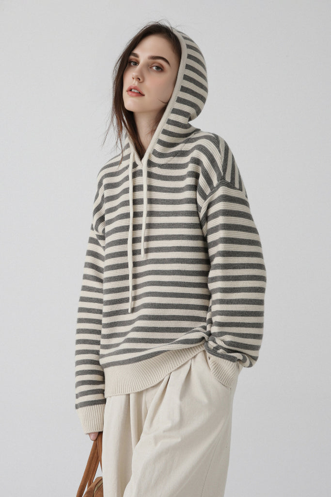 Chunky Striped Wool Sweater Hoodie  Fibflx