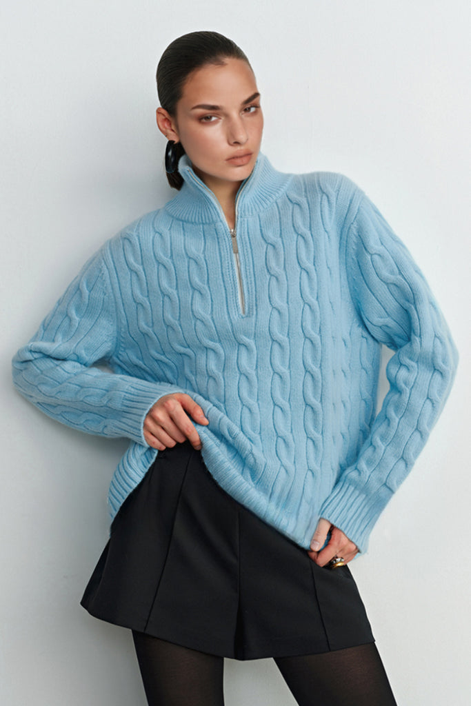 Chunky Wool Cashmere Cable Knit Half-Zip Mock-Neck Sweater  Fibflx